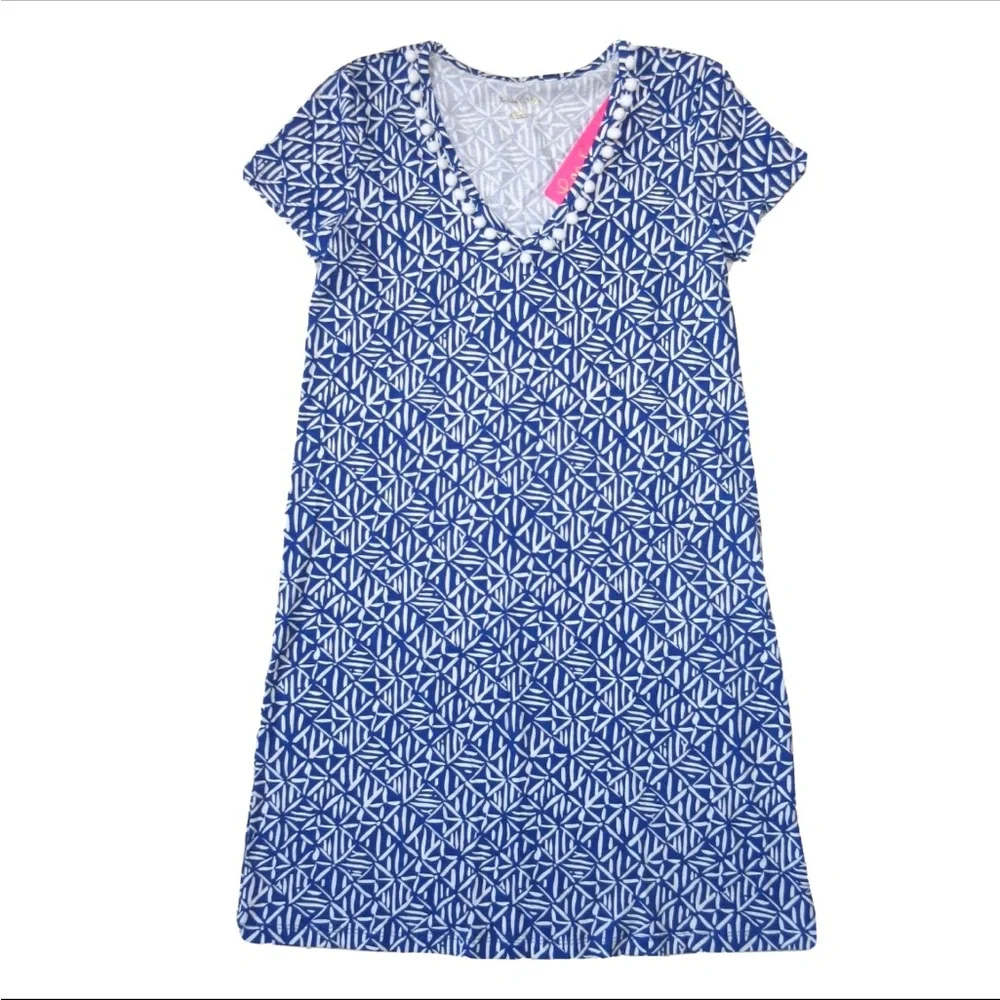 LILLY PULITZER ETTA CORSICA BLUE EASY PEASY White Pima Cotton POM POM DRESS M - Picture 2 of 10